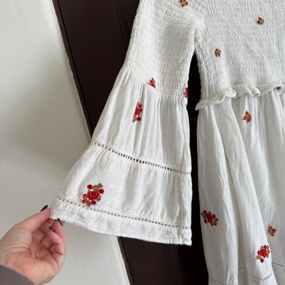 FREE PEOPLE | White Counting Daisies Embroidered Smocked Bell Sleeve Dress Small - Picture 7 of 7